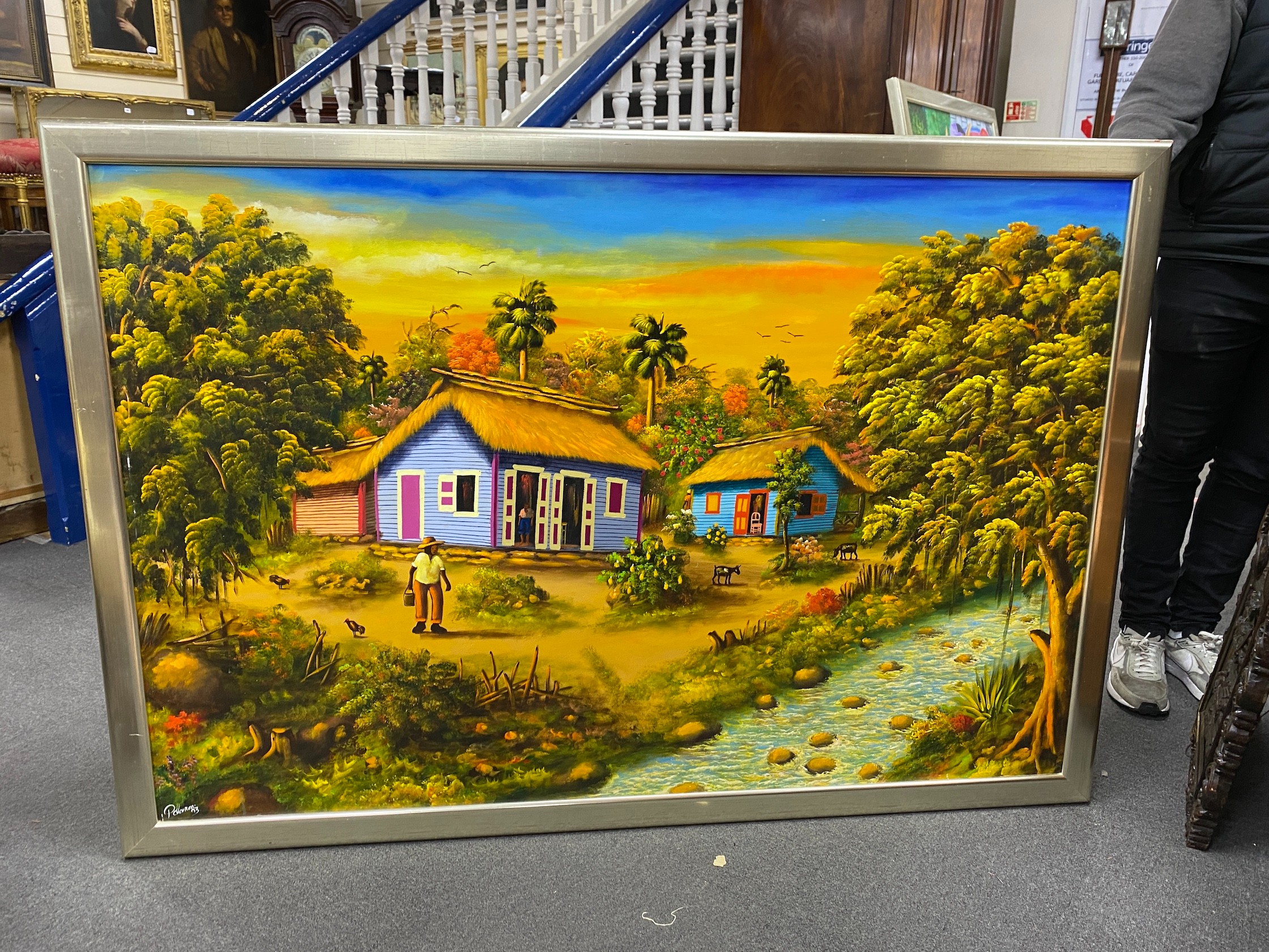 Pollanco (Haitian School), oil on canvas, Riverside houses, signed, 99 x 149cm